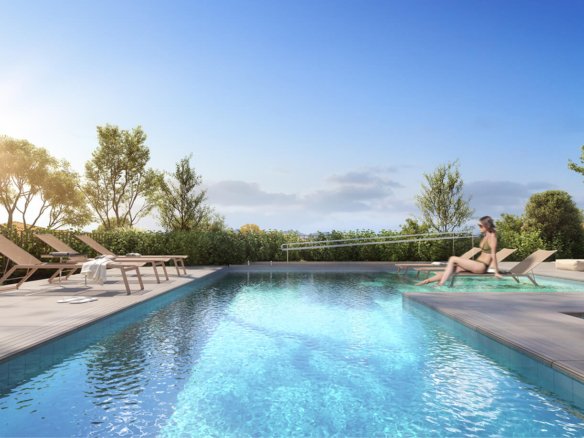 Piscina cercada por deck e espreguiçadeiras, com paisagem arborizada ao fundo.
