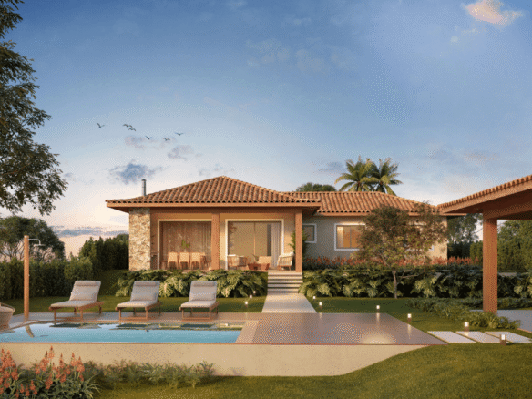 Casa térrea com varanda, piscina e deck com espreguiçadeiras.