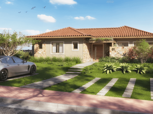 Fachada de casa térrea com jardim, caminho de acesso e vaga para carro.