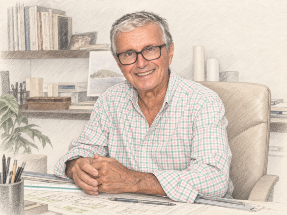Octavio Raja Gabaglia sorrindo e olhando para a câmera, com as mãos sobre desenhos de arquitetura; ilustração digital em lápis com cores suaves.