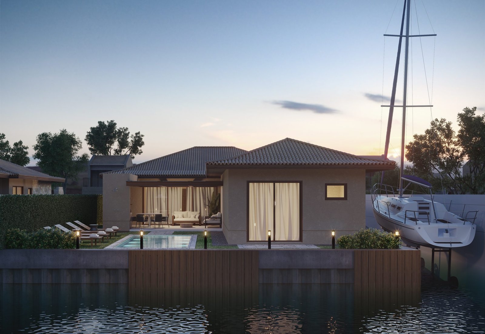 Casa tipo linear com varanda e piscina, vista do canal ao entardecer, no Toriba (imagem ilustrativa)