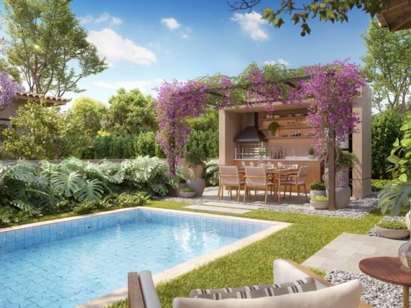 Piscina com edícula e pergolado florido, no padrão das casas 41 e 42 da Quadra 20 do Toriba Noroeste (imagem ilustrativa)