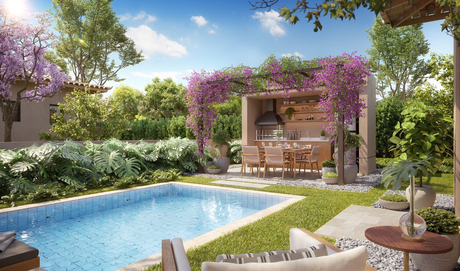 Piscina com edícula e pergolado florido, no padrão das casas 41 e 42 da Quadra 20 do Toriba Noroeste (imagem ilustrativa)