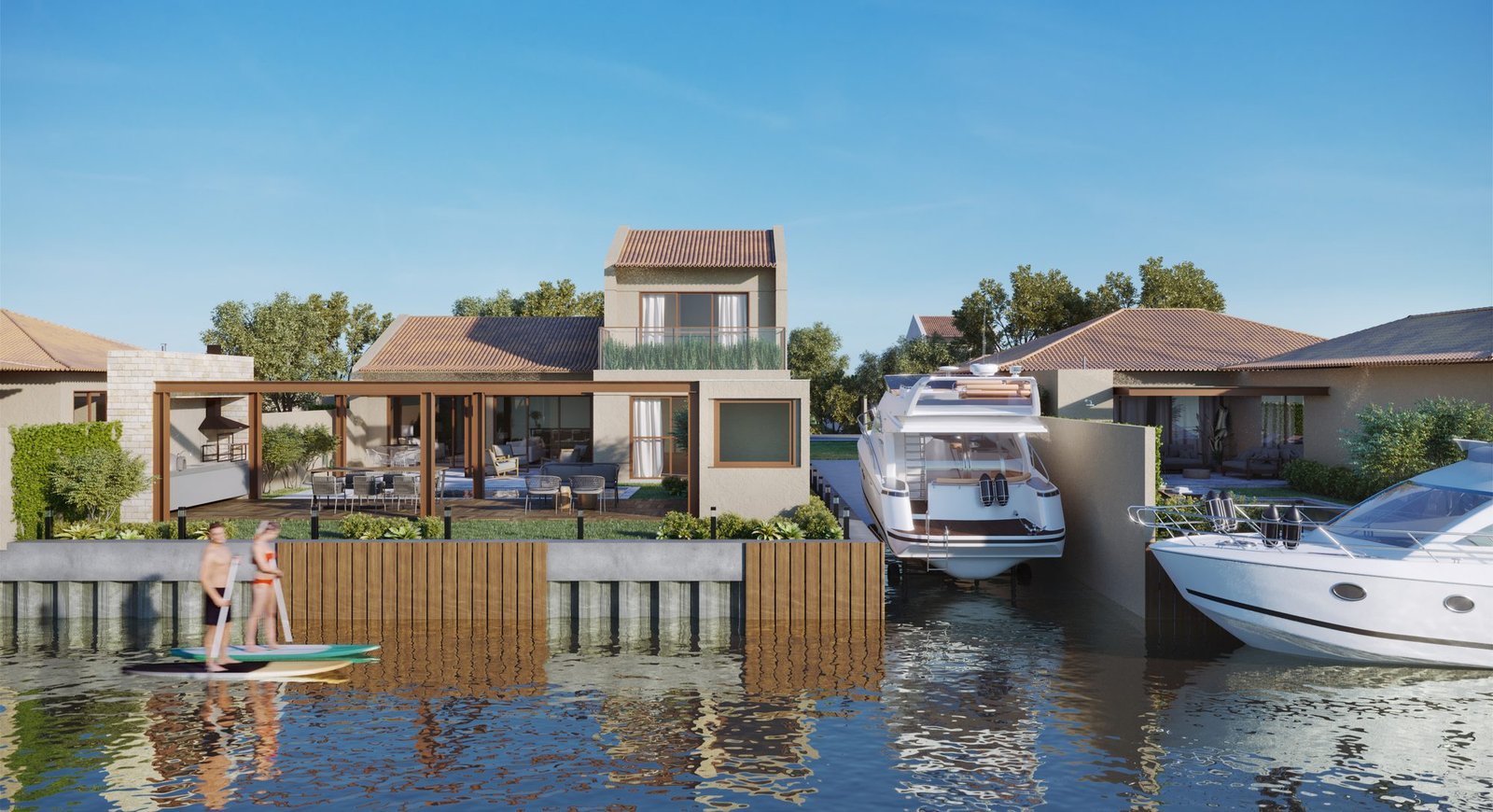 Casas tipo de frente para o canal, com lanchas atracadas e pessoas remando em pranchas, no Toriba (imagem ilustrativa)