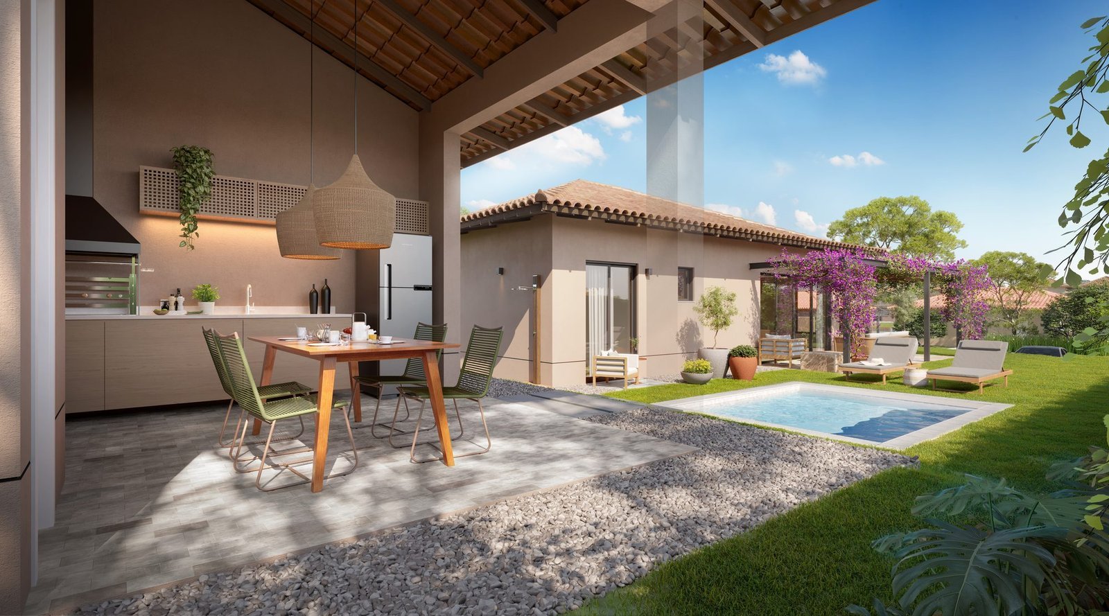 Edícula com cozinha e mesa, aberta para o jardim e a piscina, em uma casa da Frente Estrada do Toriba Sudoeste (imagem ilustrativa)