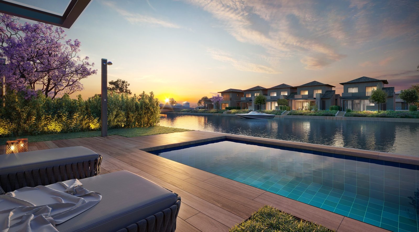 phoco-sync-65ff8b254335b09b-8f3e48b5060e Piscina e deck de uma casa do Toriba Sul ao entardecer, com o canal e outras casas ao fundo (imagem ilustrativa)