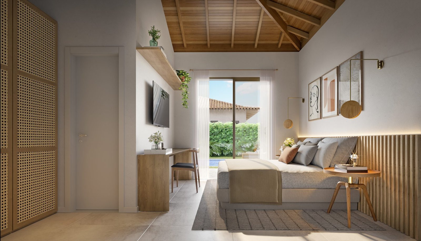 Suíte decorada com cama de casal e porta de vidro para o jardim, em uma casa da Frente Estrada do Toriba Sudoeste (imagem ilustrativa)