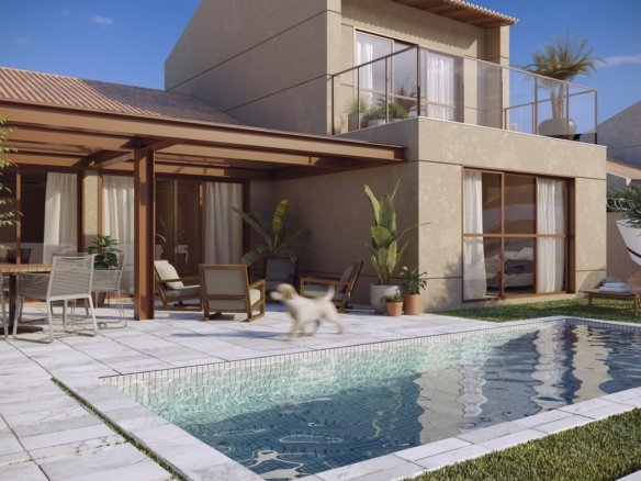 Casa tipo duplex vista da piscina, com varanda coberta e pergolado, no Toriba (imagem ilustrativa)