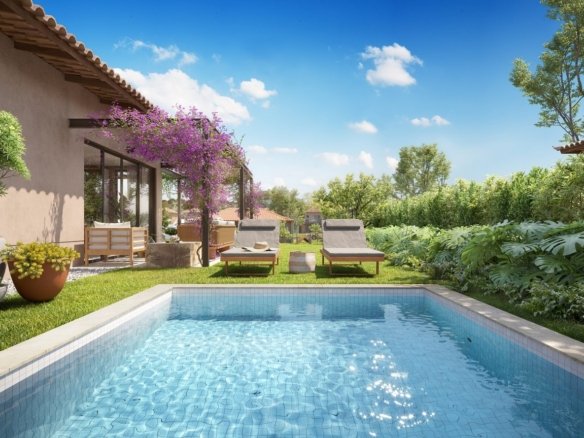 Piscina de uma casa da Frente Estrada do Toriba Sudoeste, com espreguiçadeiras e jardim (imagem ilustrativa)