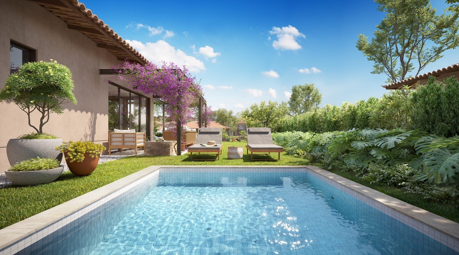 Piscina de uma casa da Frente Estrada do Toriba Sudoeste, com espreguiçadeiras e jardim (imagem ilustrativa)