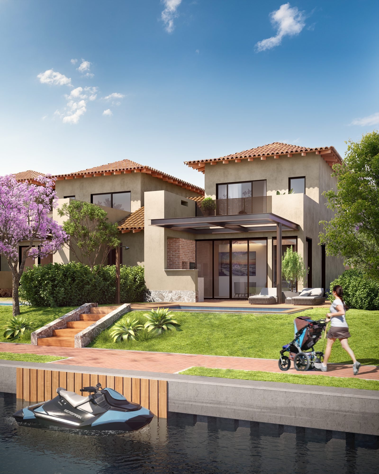 phoco-sync-b97f870f6b56392f-4f15d155dd53 Casa de dois andares do Toriba Sul vista do canal, com escada para o jardim e um jet ski na água (imagem ilustrativa)
