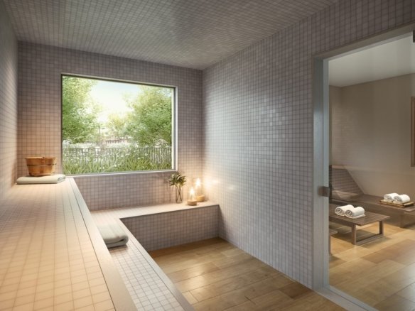 Sala de repouso da sauna, com bancos e janela para o jardim, no Toriba Sul (imagem ilustrativa)