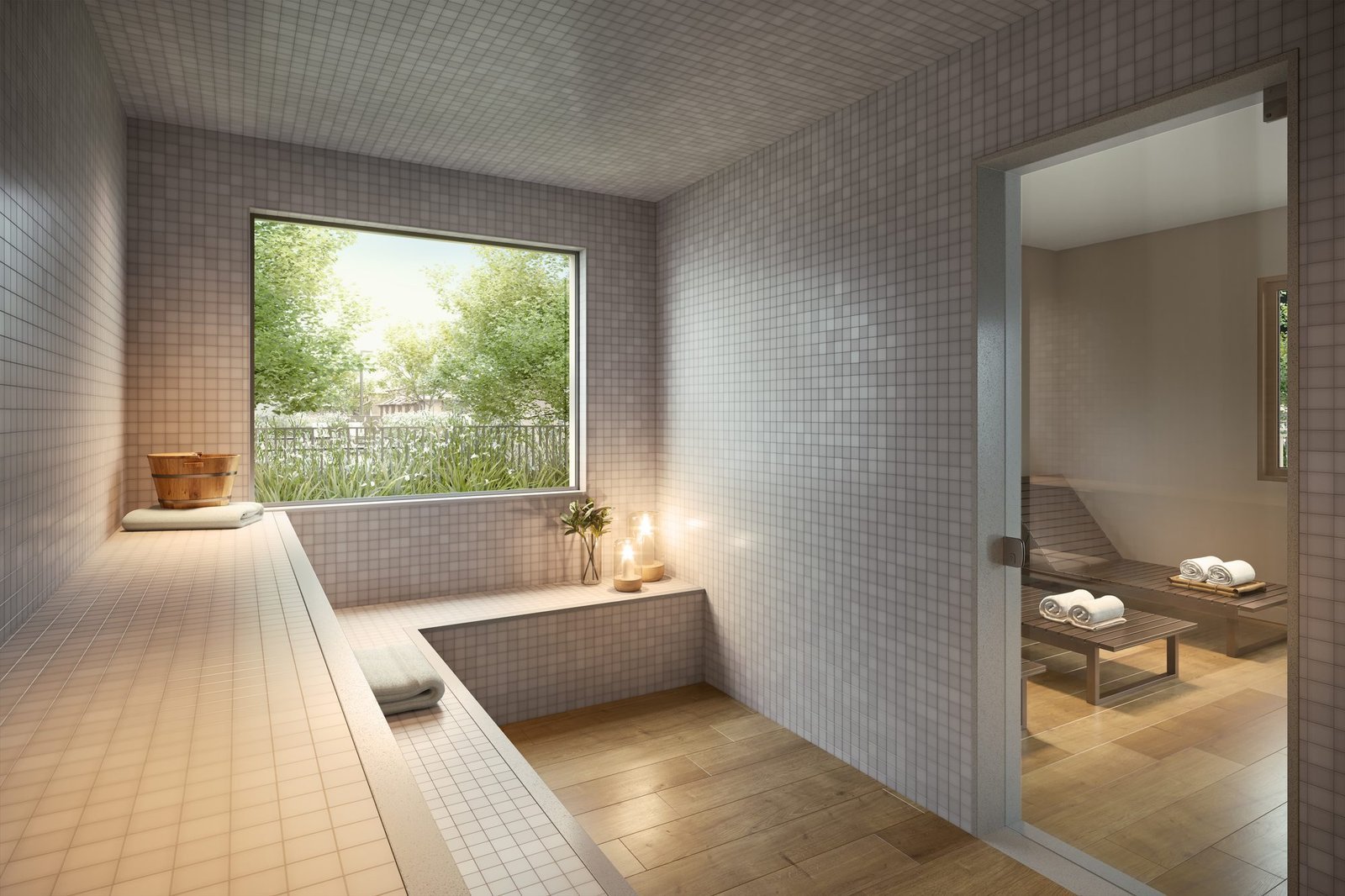 phoco-sync-c705523fa16a92eb-af73ea3dfe21 Sala de repouso da sauna, com bancos e janela para o jardim, no Toriba Sul (imagem ilustrativa)