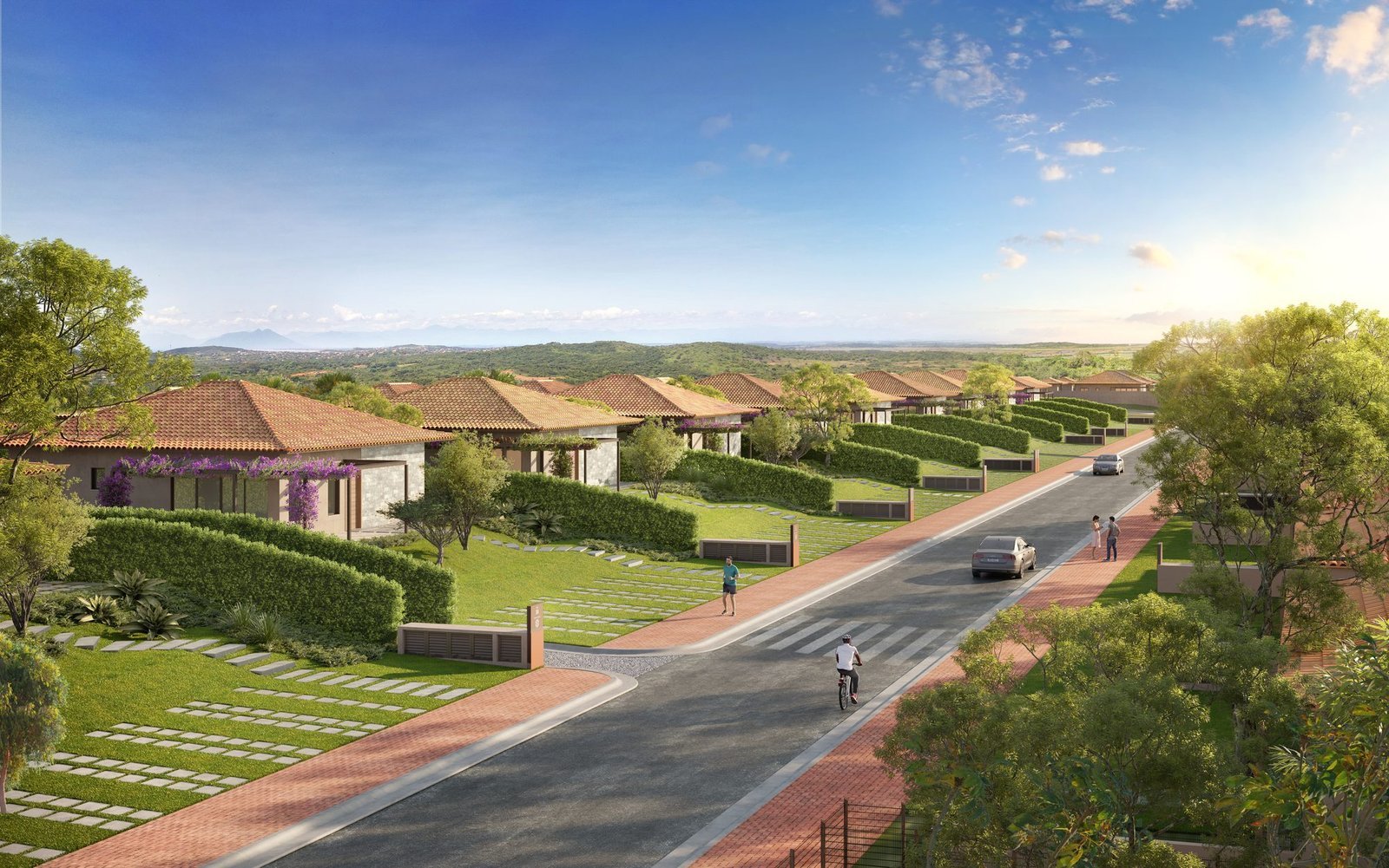 Vista do alto da rua da Frente Estrada do Toriba Sudoeste, com as casas térreas e os jardins de um lado (imagem ilustrativa)