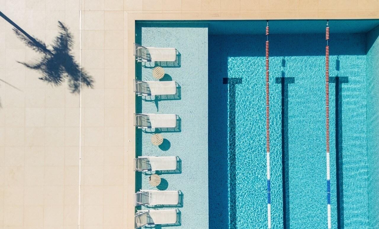 Piscina de raias vista de cima, com espreguiçadeiras na borda e a sombra de uma palmeira (foto real)