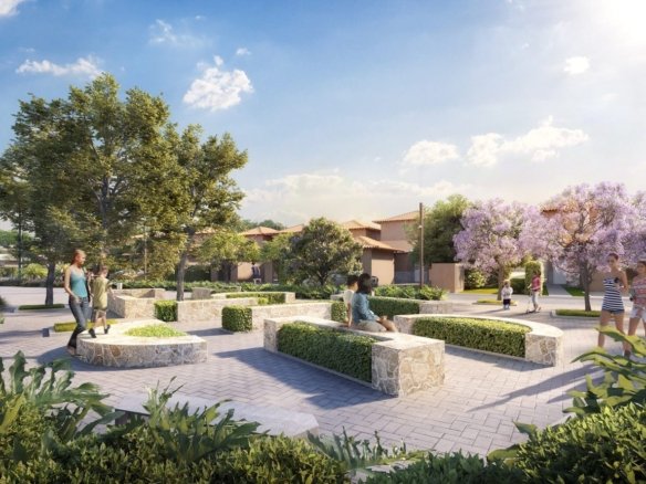 Praça arborizada com canteiros e área de alongamento, no bosque do Toriba Norte (imagem ilustrativa)