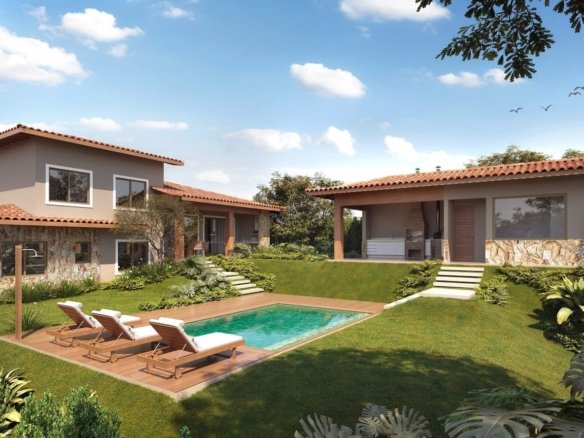 Casa de dois andares, uma das tipologias do projeto do Vista Ybirá, com piscina, deck e edícula opcionais (imagem ilustrativa)