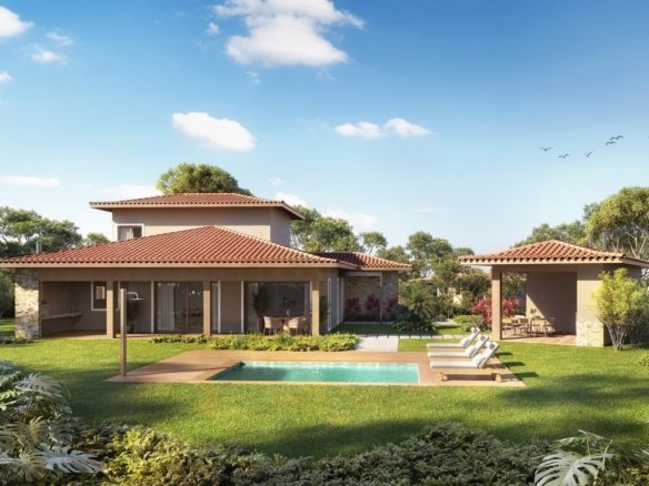 Casa de dois andares, uma das tipologias do projeto do Vista Ybirá, vista do jardim, com piscina e edícula opcionais (imagem ilustrativa)