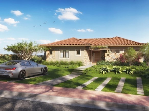 Fachada de casa térrea do Vista Ybirá, com jardim, caminho de placas e um carro na entrada (imagem ilustrativa)
