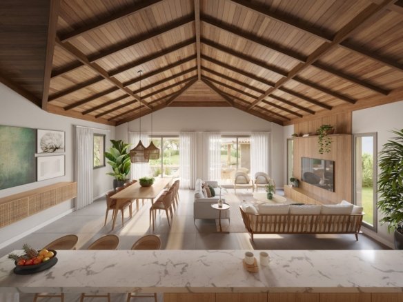 Sala, jantar e cozinha integrados e decorados, com teto de madeira, em uma casa do Vista Ybirá (imagem ilustrativa)