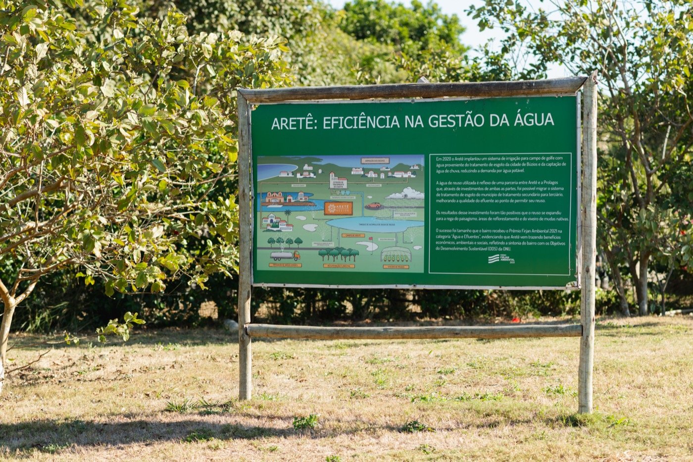 Placa do Aretê com o diagrama de tratamento, armazenamento e reúso de água na irrigação
